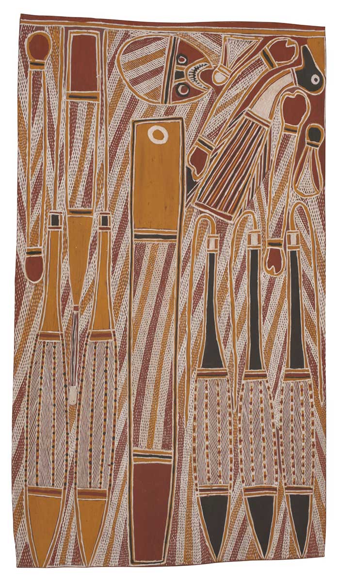 A bark painting worked with ochres on bark. It depicts a mortuary pole surrounded by a frowning skull, two bones, a bird-like form, two bulb-shaped objects and a club-like shape. There are also five elongated forms, three painted in black and three in yellow and a paddle-like shape. The painting has a crosshatched background in lines of red, yellow and white. - click to view larger image