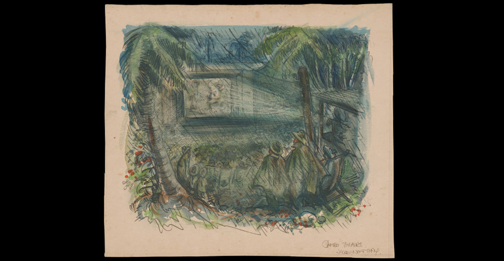 A watercolour painting depicting soldiers watching a screen in a makeshift outdoor cinema surrounded by palm trees. Handwritten in the bottom right corner is 'CAMEO THEATRE. / JACQUINOT BAY.'.