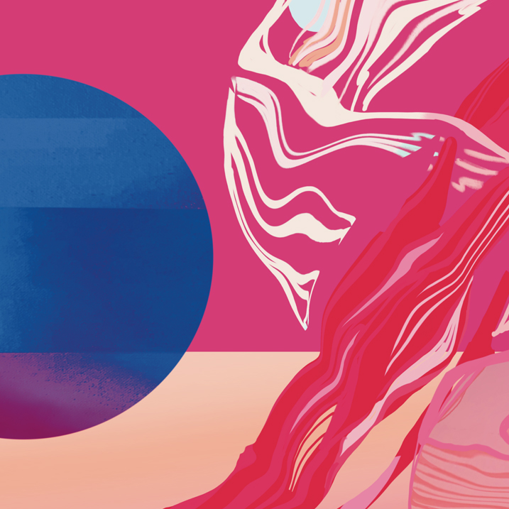 A detail crop of Sophi Odling's digital mural titled Between Waves and Moons. It has a pink background with a light orange foreground. The right half has a pink, red and white flowy water like shape. The left half has a blue and purple half circle.