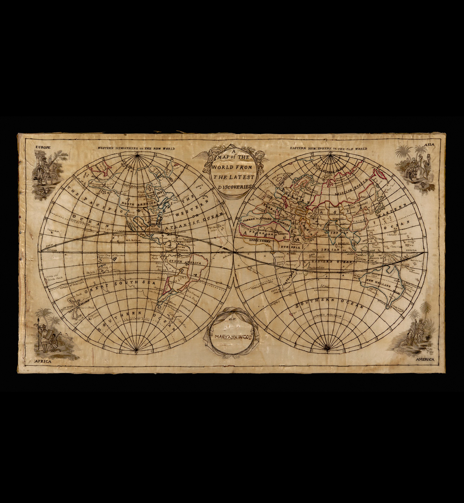 Embroidery titled 'A Map of the World from the Latest Discoveries'