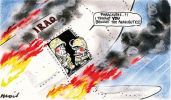 Cartoon showing John Howard and George Bush in army fatigues on a burning 'Iraq' plane. Howard says to Bush: 'Parachutes?! I thought you brought the parachutes'.