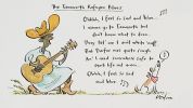 Cartoon of a Sudanese refugee playing a guitar and wearing a cowboy hat and boots, singing 'The Tamworth Refugee Blues'. Ohhhh, I feel so sad and blue  I wanna go to Tamworth but don't know what to dooo  They tol' me I ain't white 'nuff; But Darfur was quite rough An' I need somewhere safe to start life out a-roo  Ohhh, I feel so sad and blue.