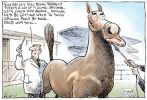 Cartoon of a nervous horse with a face resembling John Howard. A vet is about to place a thermometer in the horse's rear, saying 'You say he's still doing poorly? There's a lot of it going around ... let's check him again anyway, he'd be getting used to these opinion polls by now'.