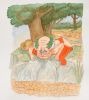 Illustration of John Howard as Narcissus looking forlornly into a dried-up river bed.