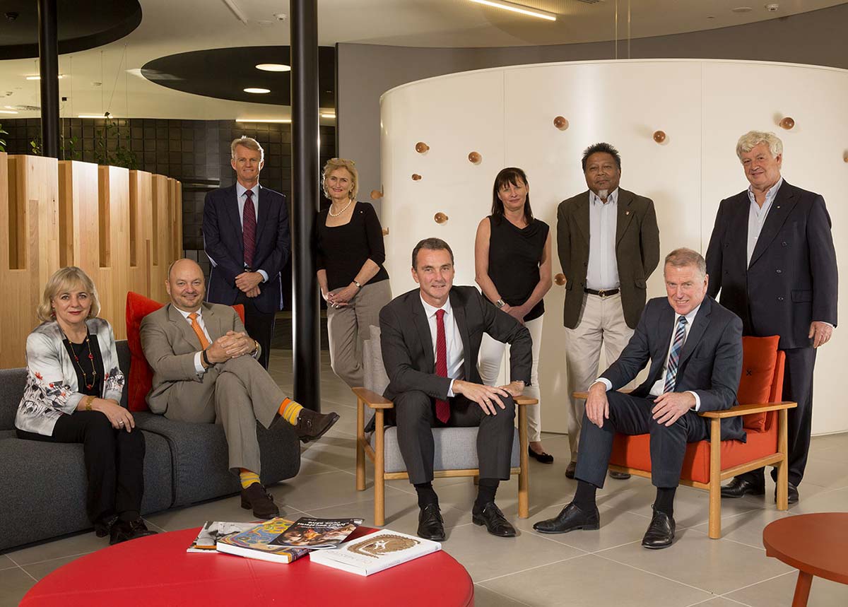 The Council of the National Museum of Australia (left to right): Rae Frances, Nicholas Davie, David Jones, Andrea Hull AO, Mathew Trinca, Catharine Lumby, Peter Yu, Daniel Gilbert AM and John Morse AM.