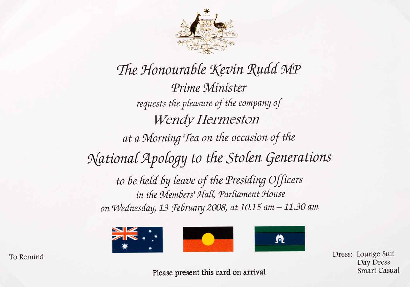 Invitation to Wendy Hermeston from the Prime Minister to attend the Apology to the Stolen Generations.