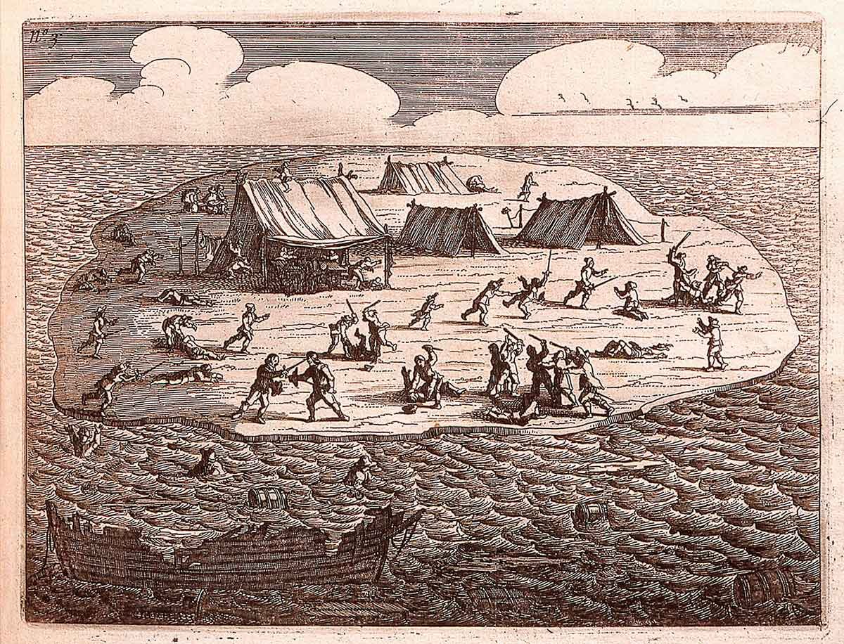 Etching showing islet with four tents on it surrounded by people fighting or running or lying dead. In the foreground, just offshore, is the wreck of a ship - click to view larger image