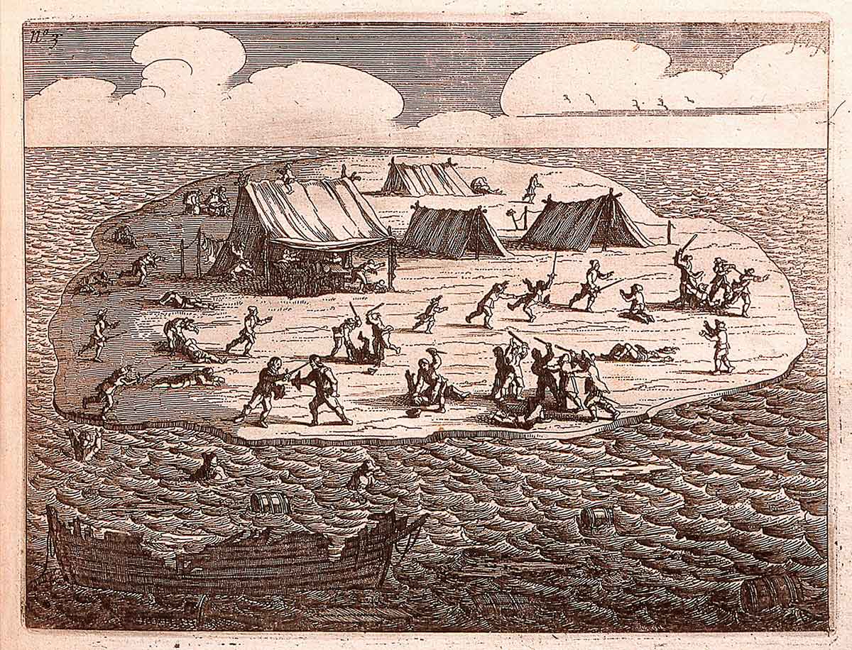 Etching showing islet with four tents on it surrounded by people fighting or running or lying dead. In the foreground, just offshore, is the wreck of a ship. - click to view larger image