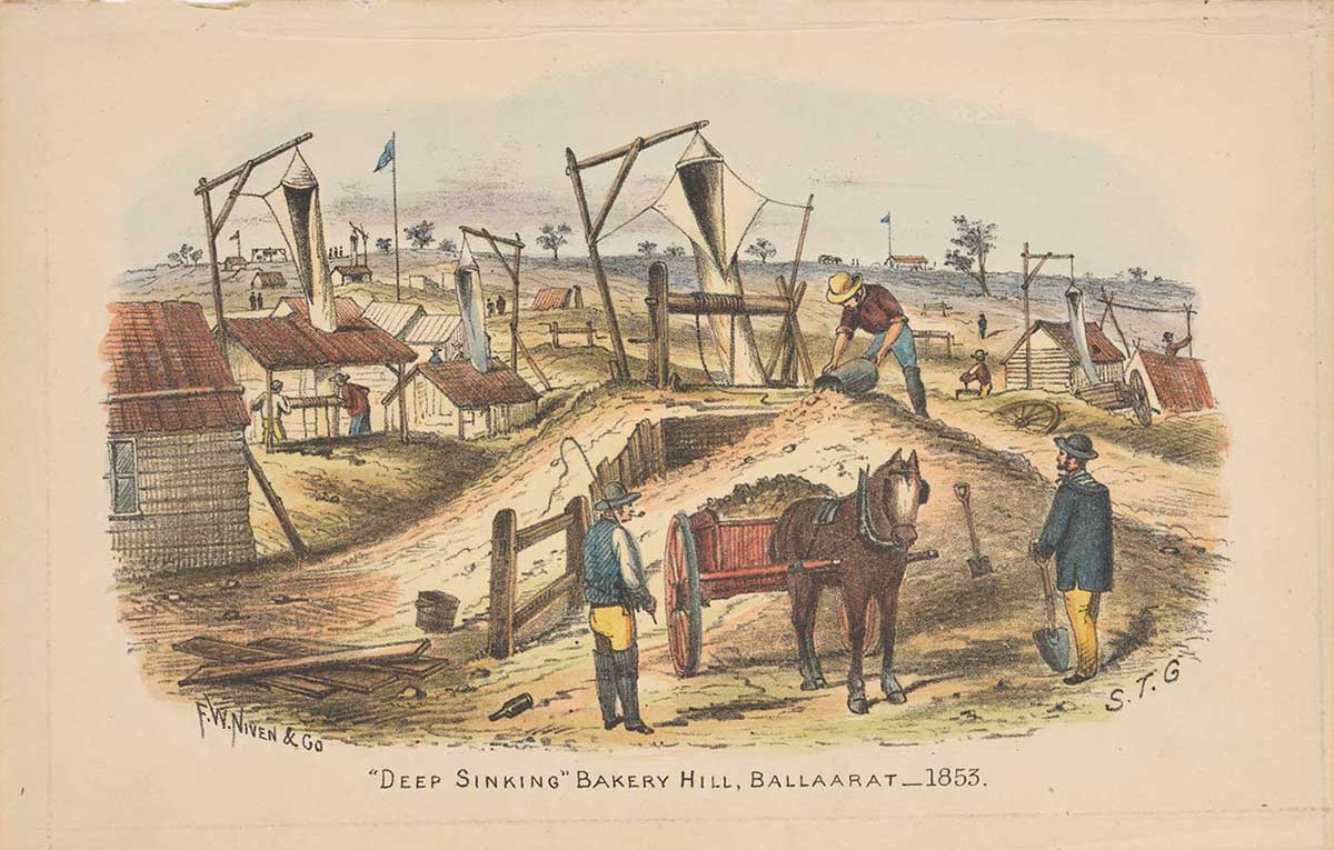 A series of huts with gerry-rigged frames from which are suspended what appear to be canvas chutes extending down into holes in the ground. In the foreground three men are working around a pony and cart, which is filled with soil.