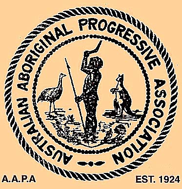 A stylised image of an Aboriginal man holding a spear and boomerang with an emu and kangaroo on either side. The words ‘Australian Aboriginal Progressive Association’ encircle the image.