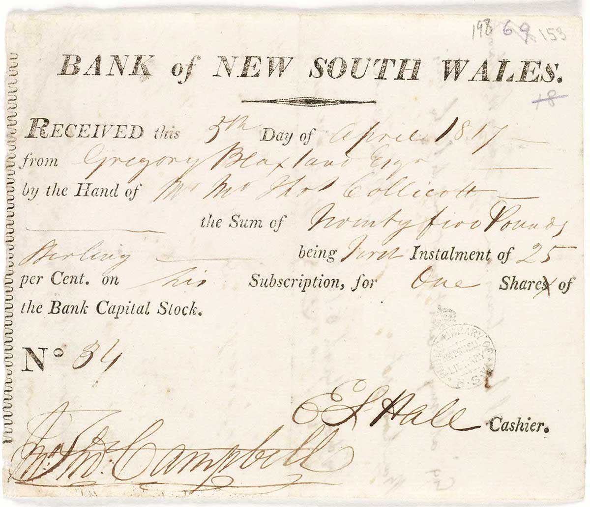 Printed document headed Bank of New South Wales with spaces below to be filled in by hand as necessary. These include the date, who paid the money, how much the receipt is for, in this case 25 pounds, and so on.