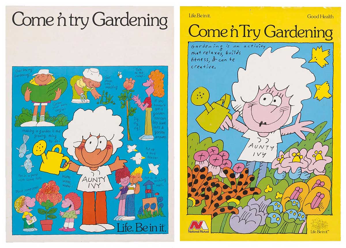 Two posters, both headed with text 'Come 'n try Gardening'. On the left, a white-haired woman stands on an aqua backdrop, surrounded by smaller inset gardening scenes including a person holding a melon and a woman talking to a rose. The poster on the right shows the white-haired woman, on a yellow backdrop, watering her garden.