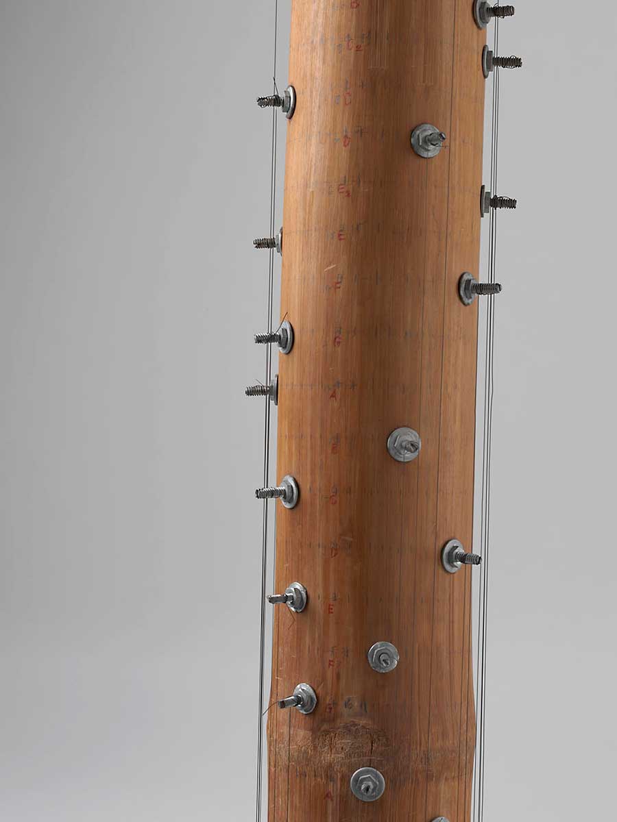  A section of bamboo tube with metal screws and guitar strings attached. - click to view larger image