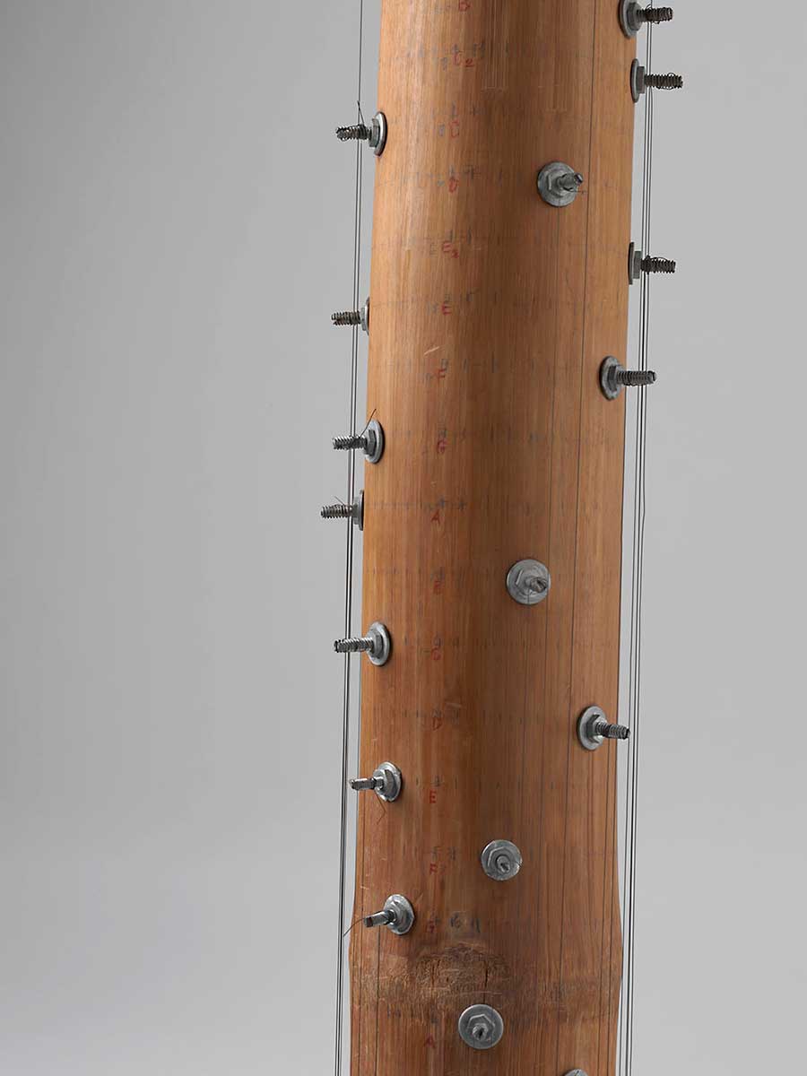 A section of bamboo tube with metal screws and guitar strings attached. - click to view larger image