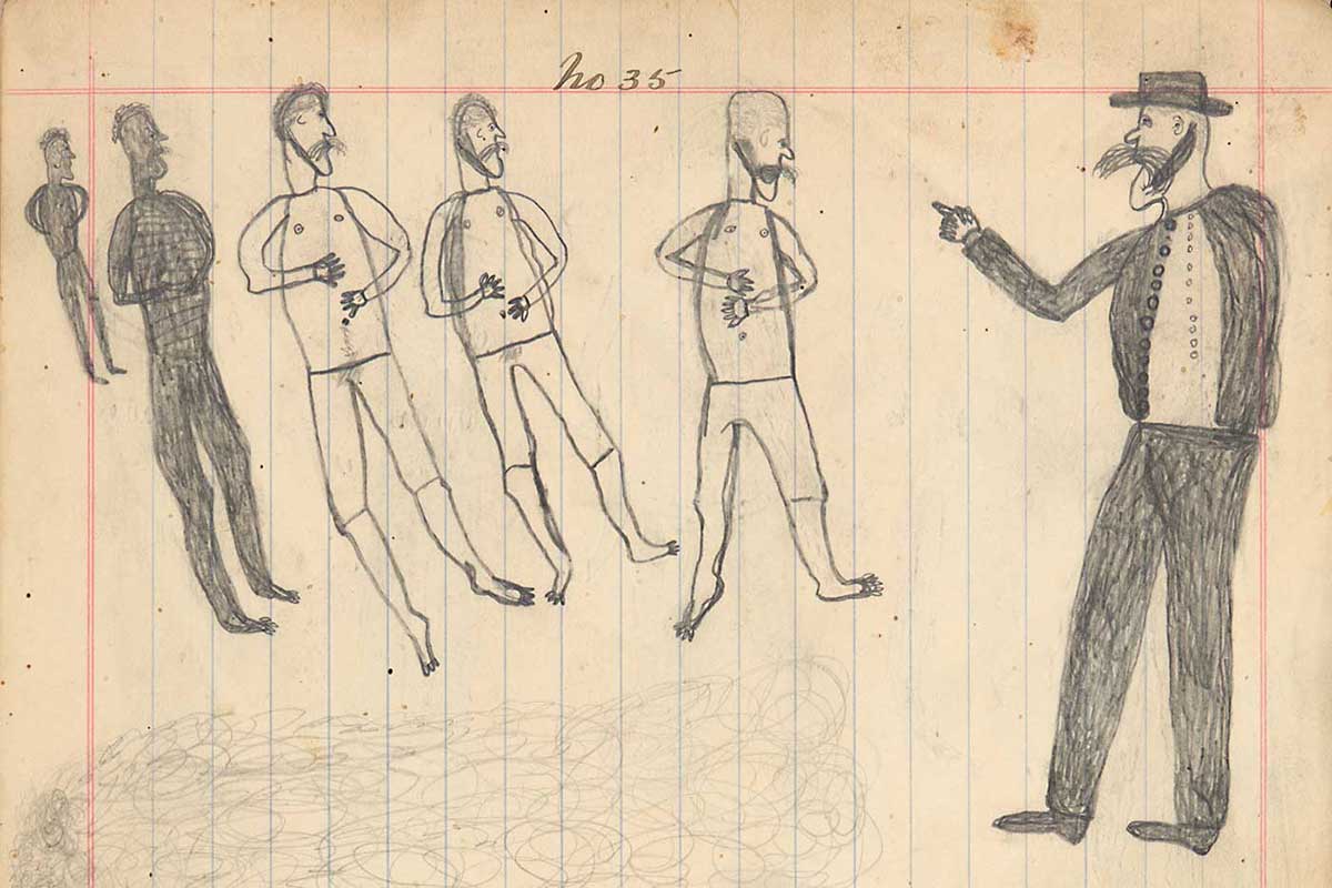 A sketch from a page from a notebook headed 'No.35' and depicting a male figure pointing at five male figures in underwear standing in front of body of water. - click to view larger image
