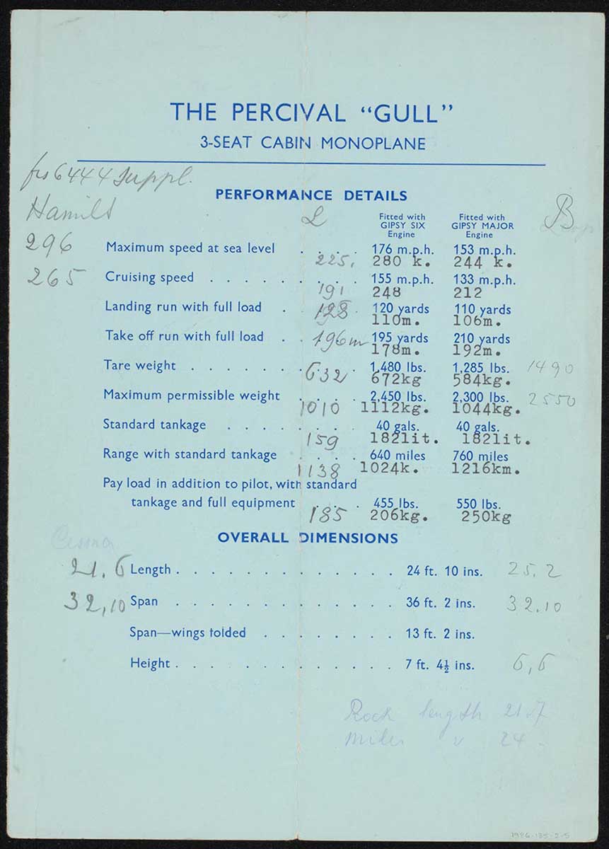 Copy of a page from a pale blue advertising brochure for the 'Percival Gull 3-seat cabin monoplane', listing peformance details and overall dimensions. The printed figures are supplemented with typed metric conversions and handwritten notes in pencil. - click to view larger image