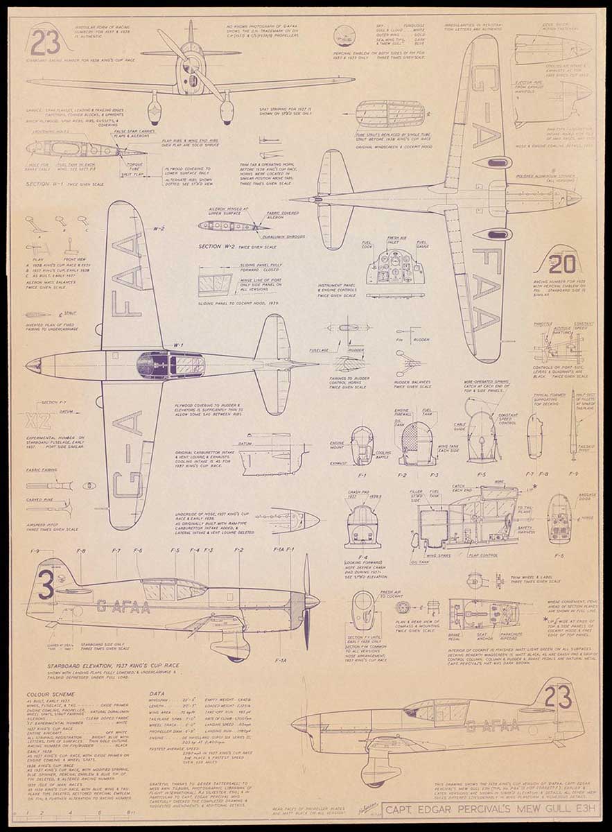 Copy of a technical drawing showing various elevation views, profiles and detailed features of 'Captain Edgar Percival's Mew Gull E3H' monoplane, registered 'GA-FAA'. Colour scheme details and data are listed bottom left. - click to view larger image