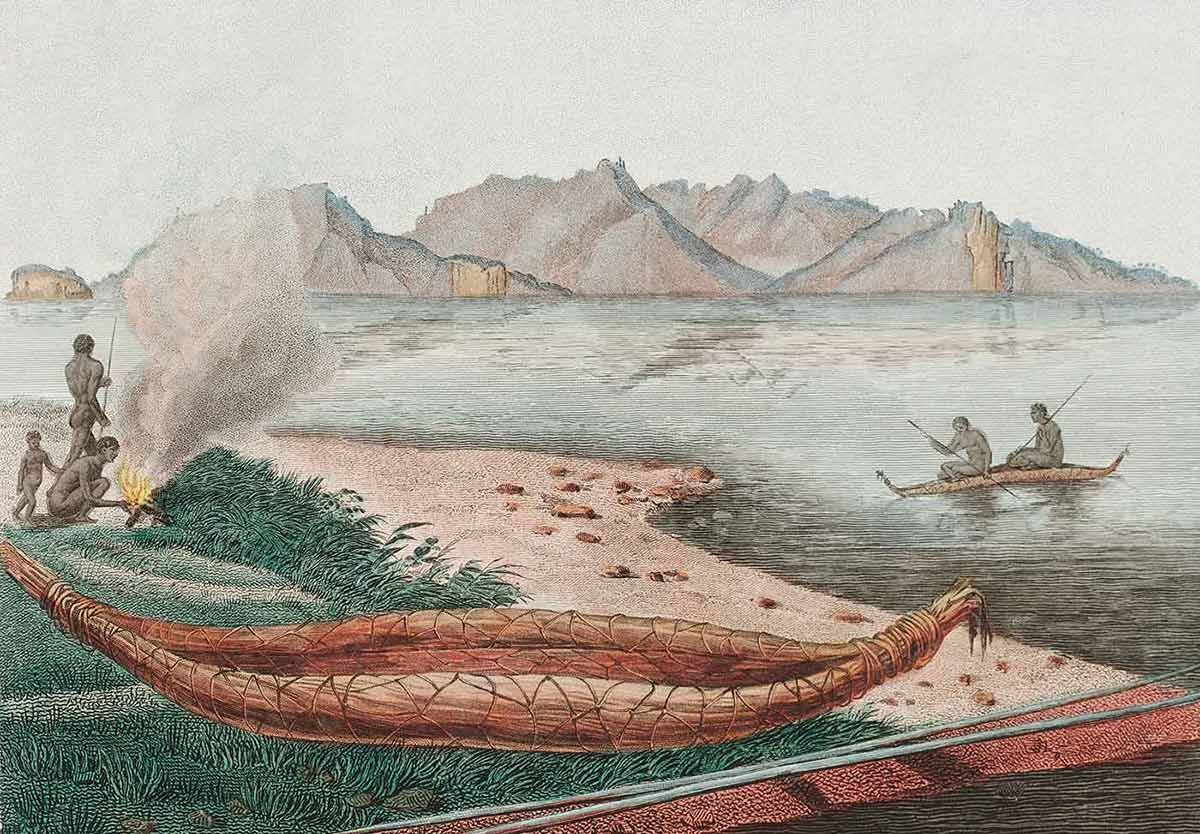 A large Tasmanian canoe seen on the eastern shore of Schouten Island, colour engraving by Charles-Alexandre Lesueur, artist on the Baudin Expedition (1800–1804). - click to view larger image