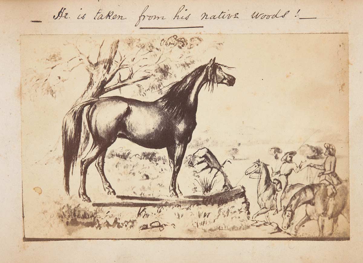 Illustration of a horse with two people on horses in the distance. There is written text that reads 'He is taken from his native world!'. - click to view larger image