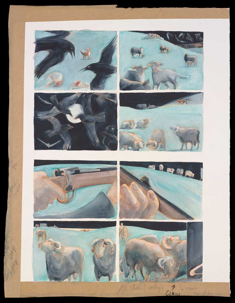 A painting, divided into eight panels, depicting sheep, crows and a gun. - click to view larger image
