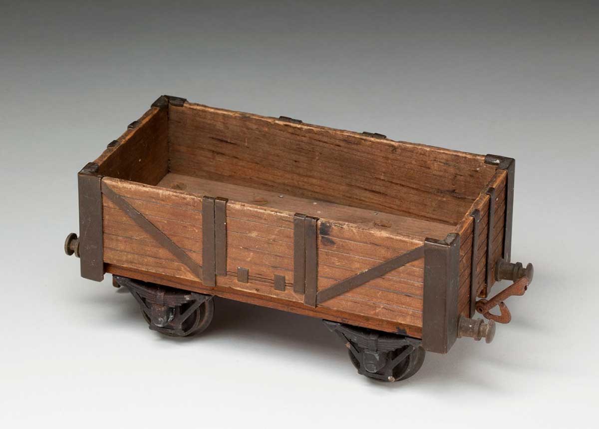 New South Wales Railways four-wheel open wagon made of wood with turned brass wheels by William Christie. - click to view larger image