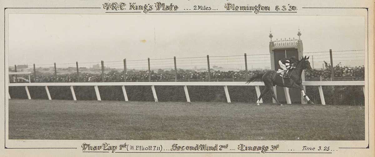 A black and white photo of Phar Lap winning the VRC King's Plate, 1930. - click to view larger image