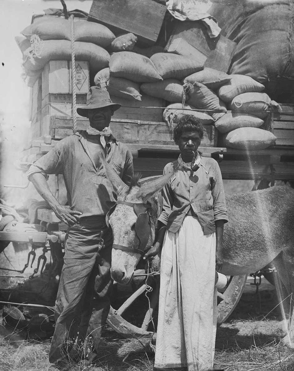Black and white photograph showing an Aboriginal man and woman standing with a donkey in front of a heavily-laden wagon. The man wears a hat and the woman smokes a pipe. - click to view larger image