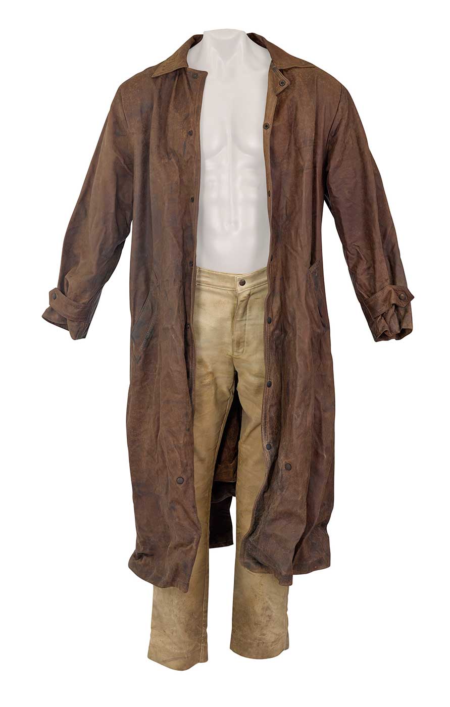 A pair of moleskin pants and a full length leather coat - click to view larger image