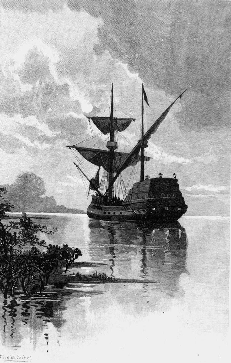 Etching showing a 17th-century vessel just off the coast.