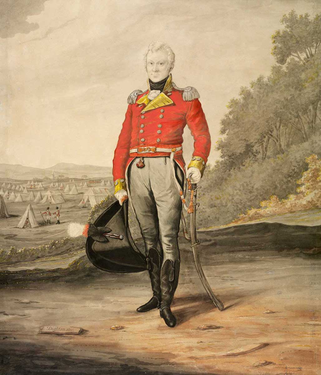 full-length colour portrait of middle-aged man wearing an officer’s uniform, with his left hand on the hilt of his sword and carrying a large black hat in his right hand - click to view larger image