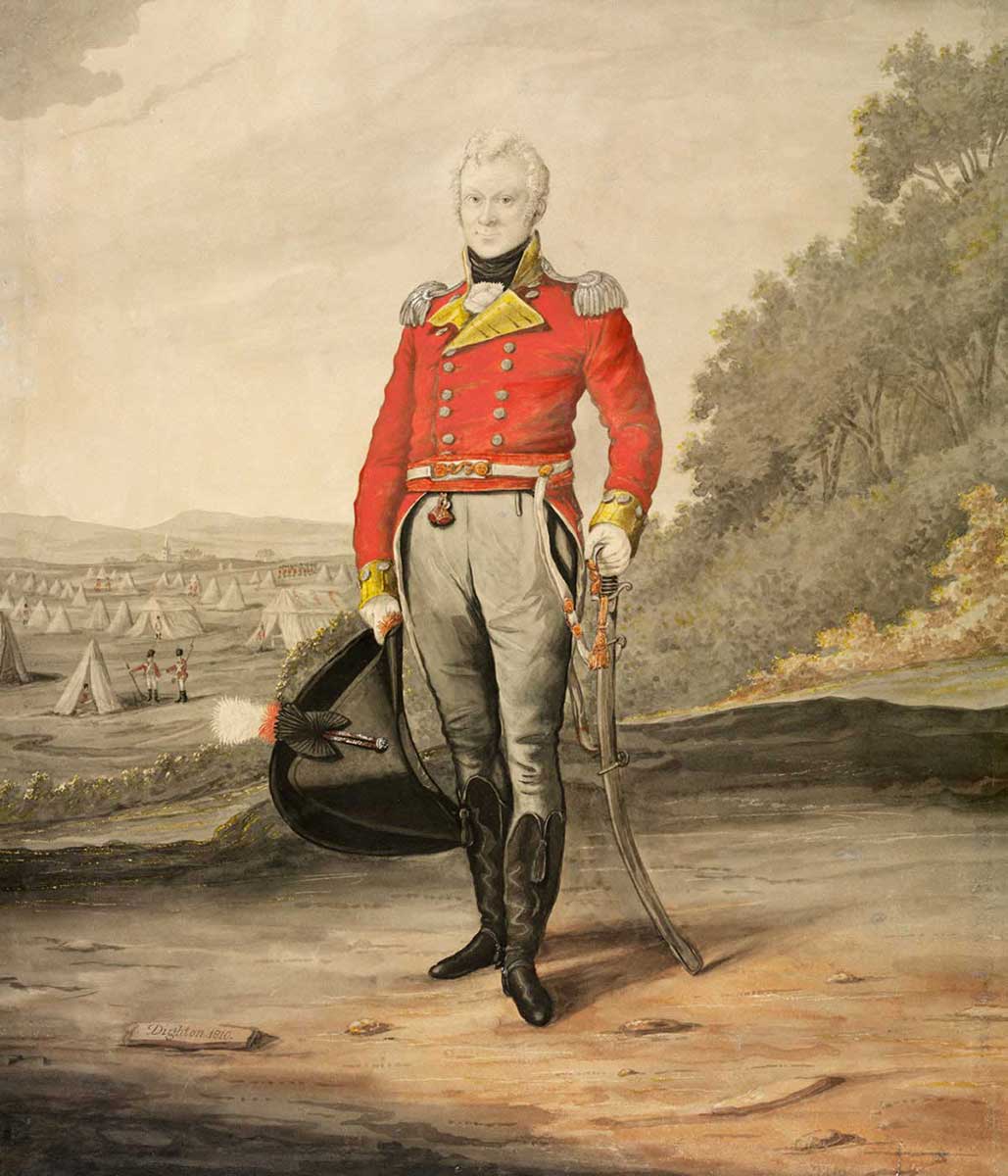 Full-length colour portrait of middle-aged man wearing an officer’s uniform, with his left hand on the hilt of his sword and carrying a large black hat in his right hand. - click to view larger image