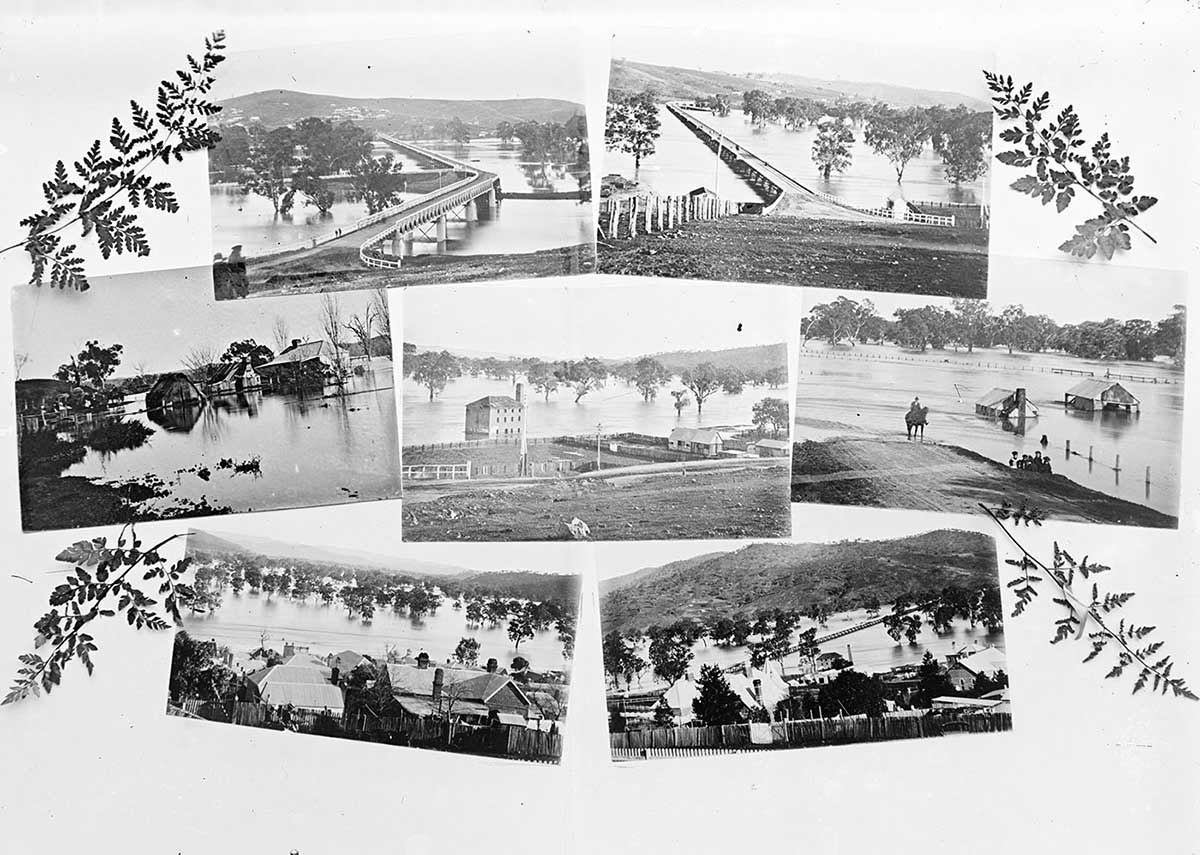 Seven black and white photographs showing flooded town.