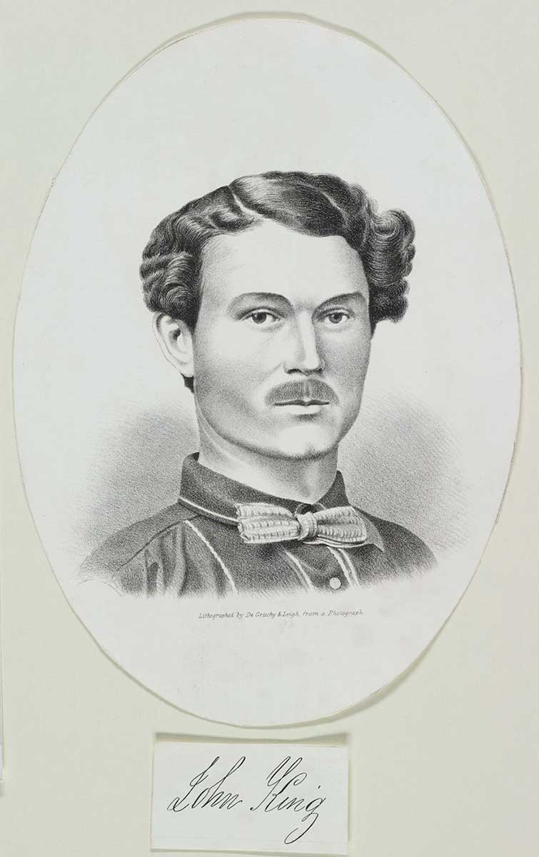 Lithograph of young man with wavy hair, moustache and bowtie. - click to view larger image