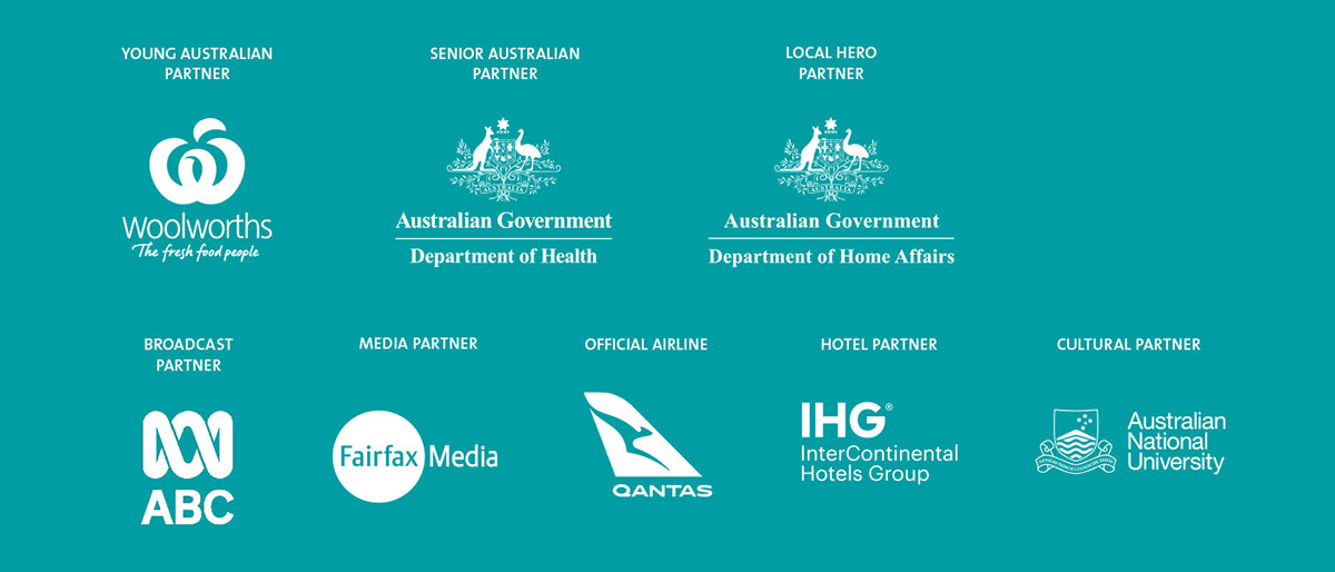 Logos of organisations supporting the Australian of the Year 2019 including Woolworths, Australian Government Department of Health, Australian Government Department of Home Affairs, ABC, Fairfax Media, Qantas, InterContinental Hotels Group and Australian National University.