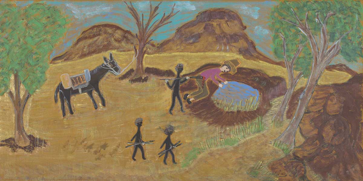An acrylic painting on canvas showing one person being speared by another while drinking at a waterhole. There are two other people and a horse standing nearby. - click to view larger image