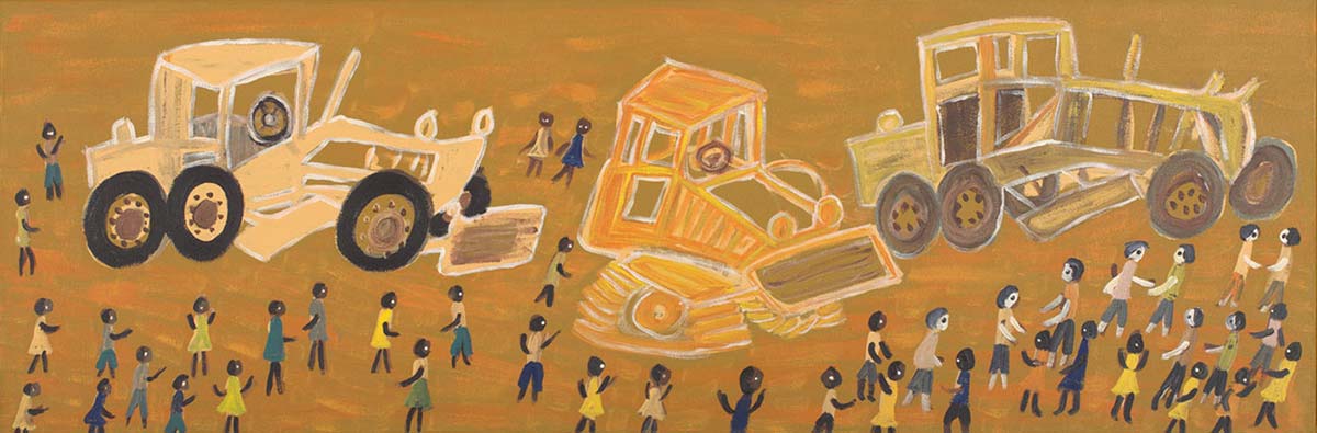 An acrylic painting on canvas in predominantly yellow tones, showing three tractors with people standing around them. - click to view larger image