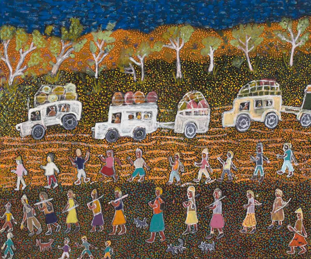 A painting depicting a blue sky and a line of trees in the background . Across the centre there are three four-wheel drives, all of which have luggage tied to the roof and two of which are pulling trailers. In the foreground there is a row of men, a row of women and several children walking across the landscape. - click to view larger image