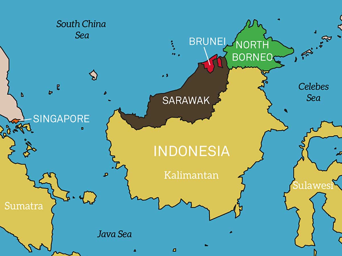 Simple political map showing Indonesia controlled most of the island of Sarawak, Brunei and North Borneo (now Sabah). - click to view larger image
