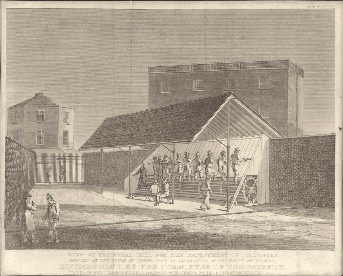 Drawing of a prison yard with people walking on a long wooden treadmill. - click to view larger image