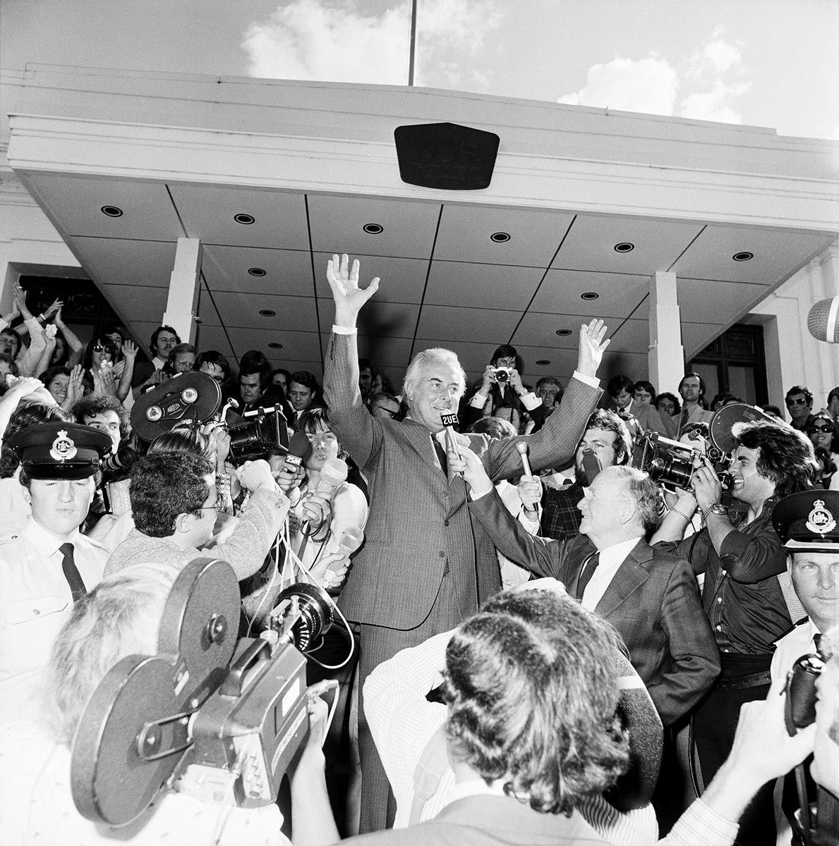 Whitlam and supporters demonstrate against the dissolution on the steps of Parliament, 1975.