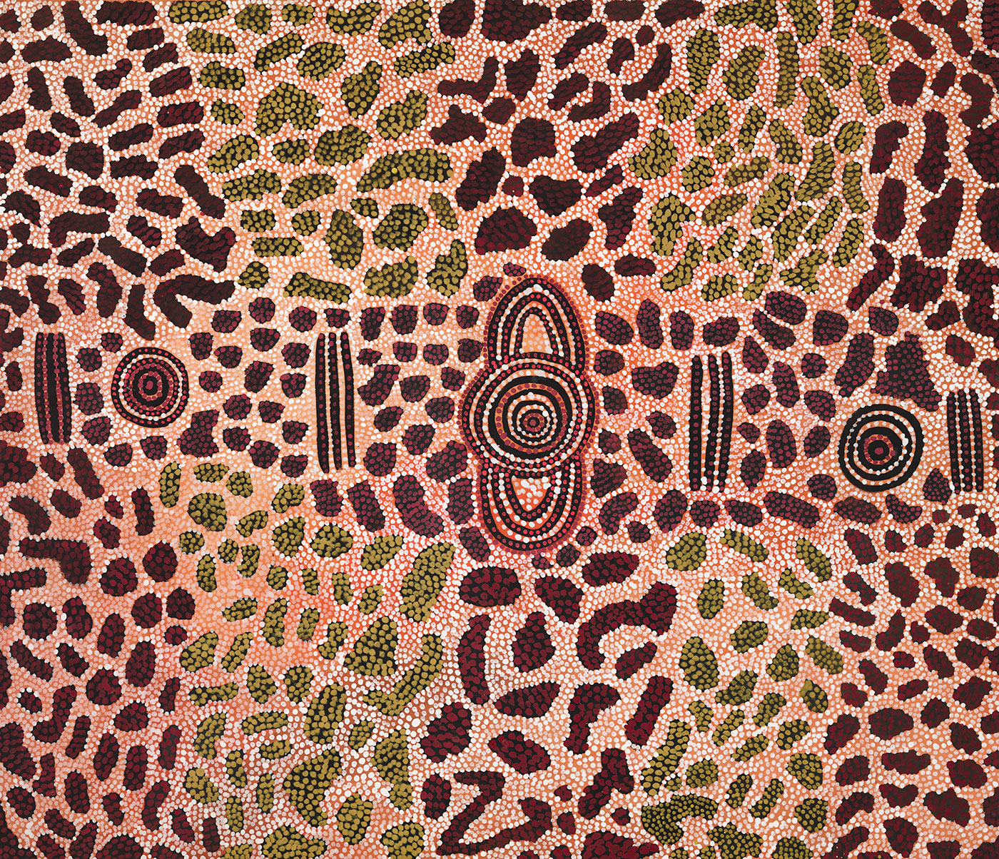 Wilkinkarra Men's Camp 1975 by Long Jack Phillipus Tjakamarra. - click to view larger image