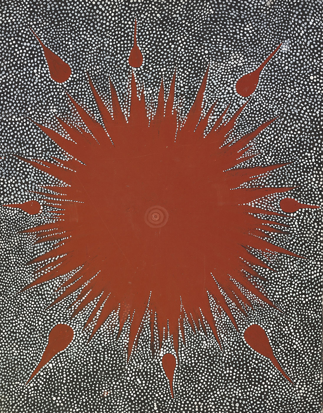 Dreaming Story at Warlugulong (Warlukurlangu) 1976 by Clifford Possum Tjapaltjarri. - click to view larger image