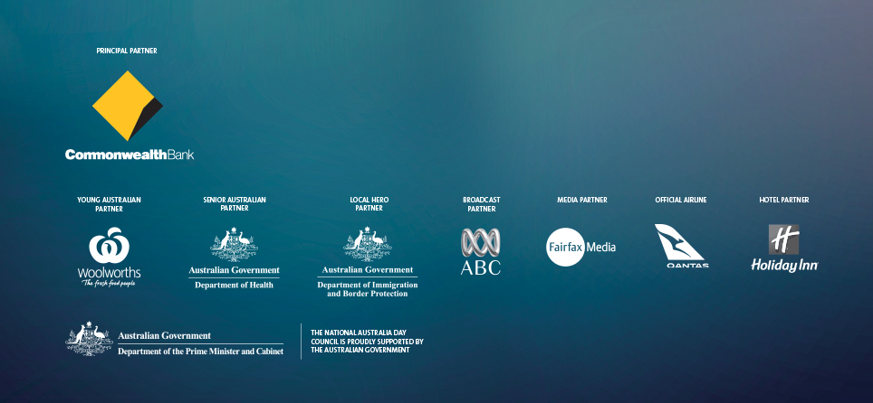 Logos of organisations supporting Australian of the Year 2017 including Commonwealth Bank, Woolworths, Australian Government Department of Health, Australian Government Department of Immigration and Border Protection, ABC, Fairfax Media, Qantas, Holiday Inn, Australian National University, Australian Government Department of the Prime Minister and Cabinet and The Australian Government.
