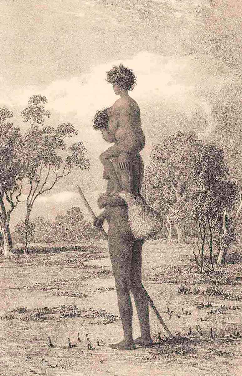 An old black and white sketch of an unclothed woman with her daughter, who is also without clothes, on her shoulders. - click to view larger image