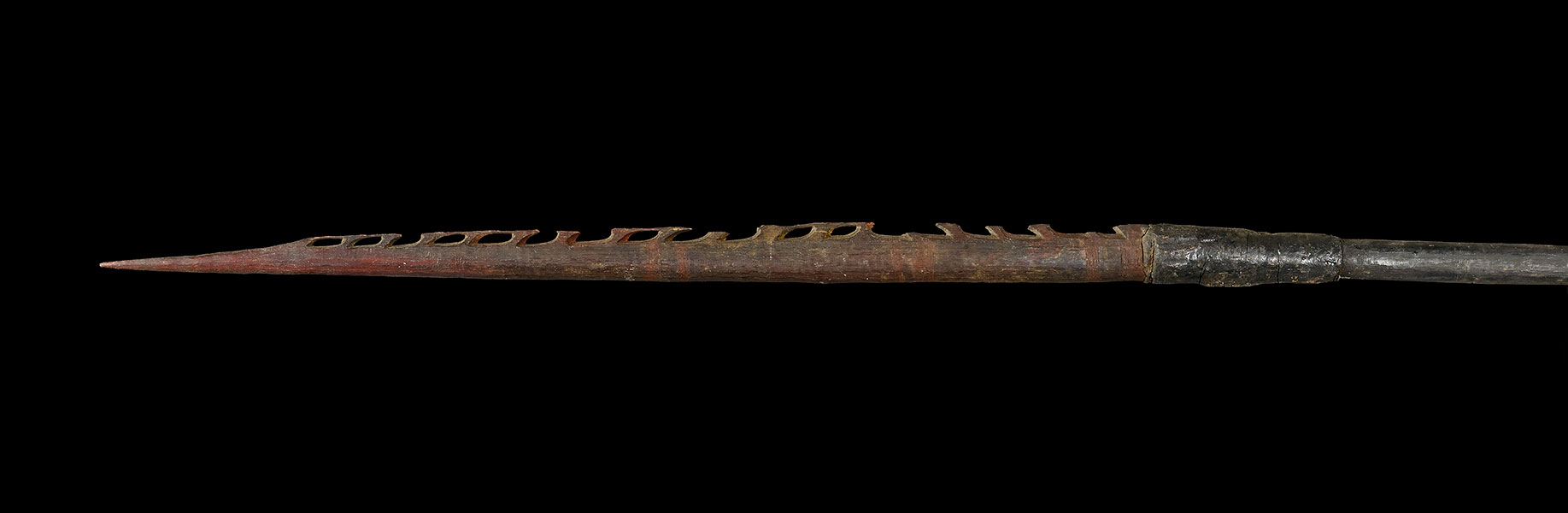 A wooden spear with carved barbs along one side of the red ochred head, which is joined with black gum to the shaft.
