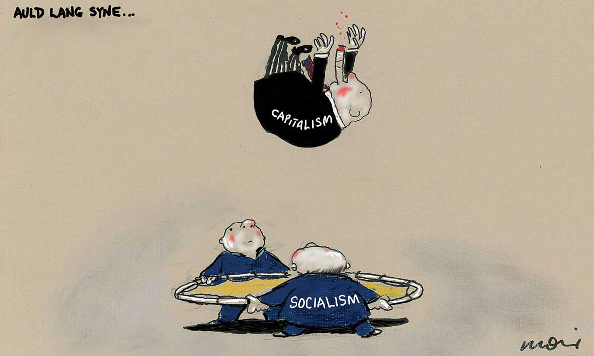 A colour cartoon depicting two men wearing 'Socialism' suits bouncing a man wearing a 'Capitalism' business-suit and smoking a cigar, high in the air. The heading at the top reads 'Auld Lang Syne ... ' - click to view larger image