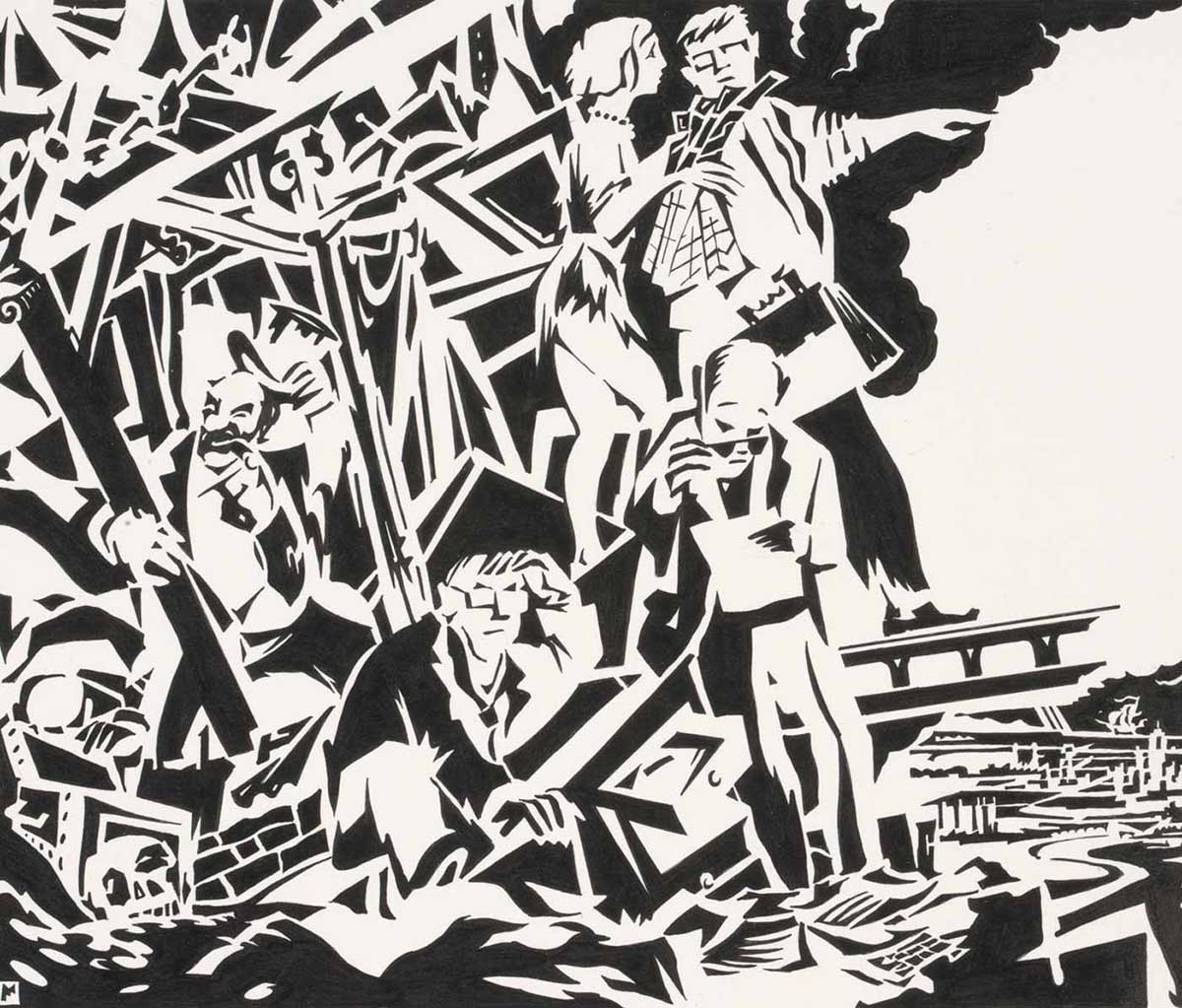 A black and white illustration showing people emerging from a wrecked building. The group includes a traditional banker figure lifting his top hat; and a man carrying a briefcase and a woman with a folded plan, both dressed in ratty clothing, pointing away from the scene. - click to view larger image