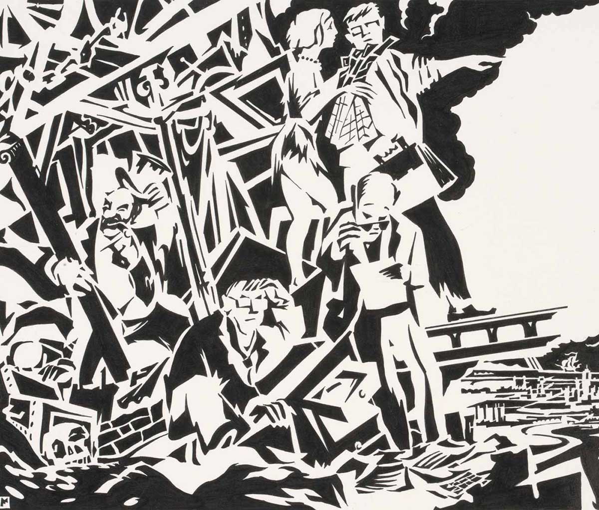 A black and white illustration showing people emerging from a wrecked building. The group includes a traditional banker figure lifting his top hat; and a man carrying a briefcase and a woman with a folded plan, both dressed in ratty clothing, pointing away from the scene.  - click to view larger image