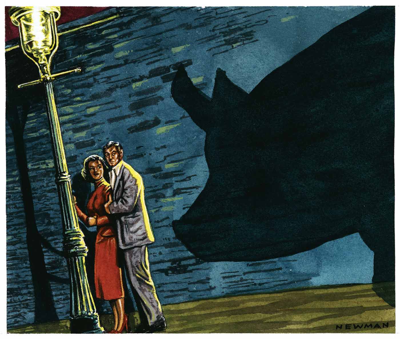 A colour illustration depicting a man and a woman standing beneath a street lamp. The light pole is at the far left of the cartoon. The woman stands closest to it, facing the pole, wearing a red dress. The man stands closely behind her, wearing a grey suit. He holds her left upper arm. Behind them is a large blue wall, onto which projects the large shadow of a pig. The pig itself is unseen, however the man and woman both look apprehensively in its direction. - click to view larger image