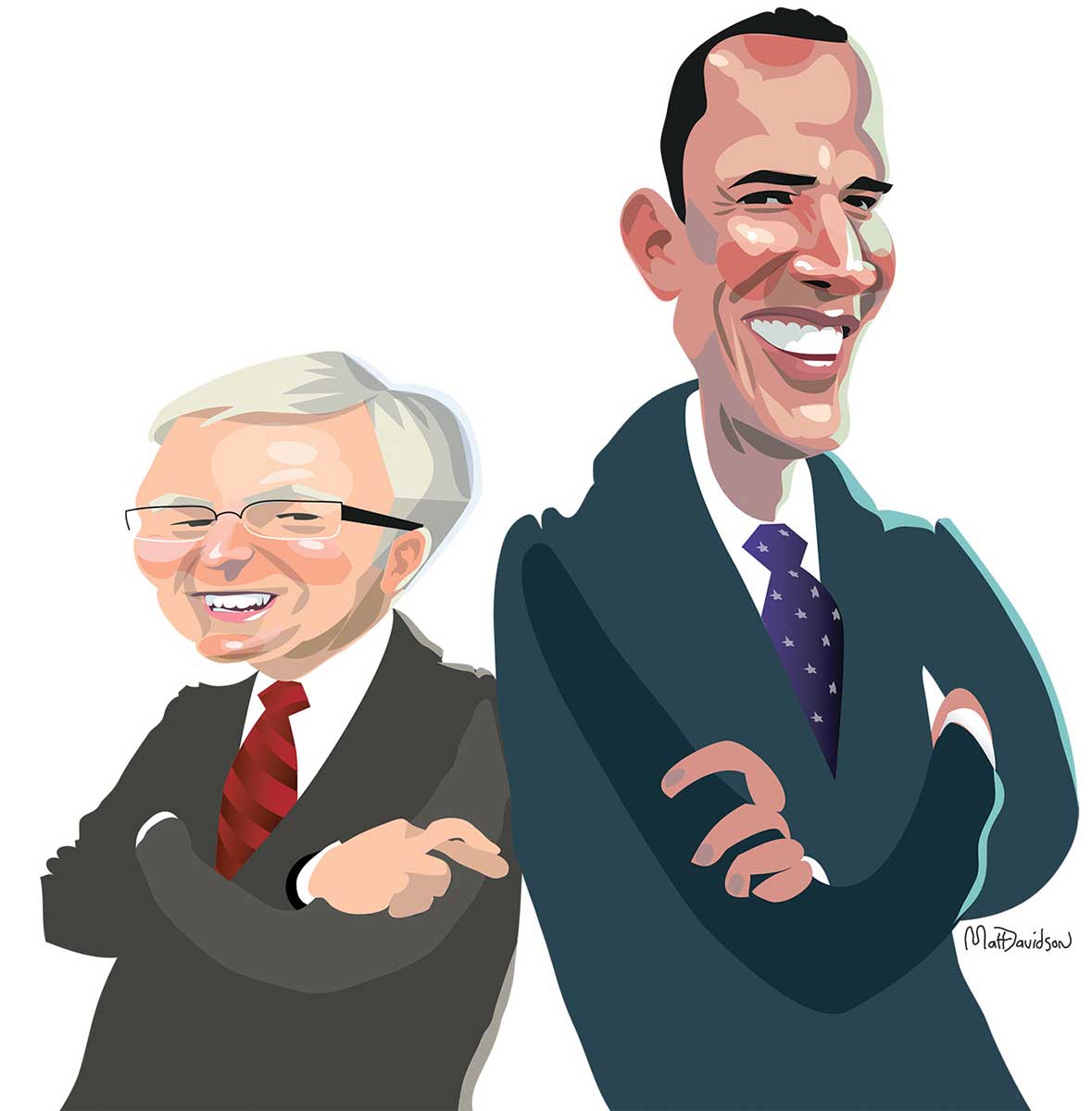 Colour caricatures of Barack Obama and Kevin Rudd. They stand back to back, with President Obama at the right of the image. Both wear suits, have their arms folded and smile broadly. Mr Rudd's right hand is visible over his left arm. He has the first two fingers of this hand crossed. - click to view larger image